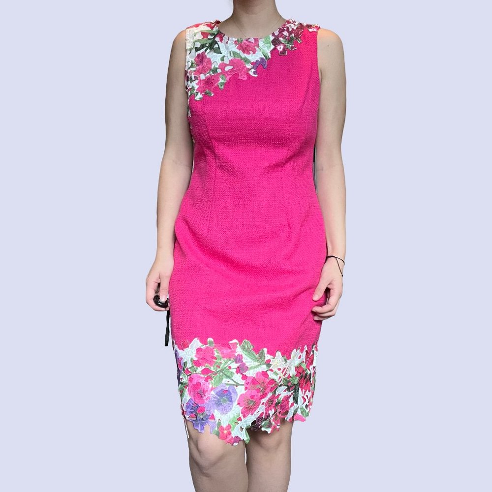 Karl Lagerfeld Paris Floral Hot Pink Sleeveless Tweed Flower Dress
